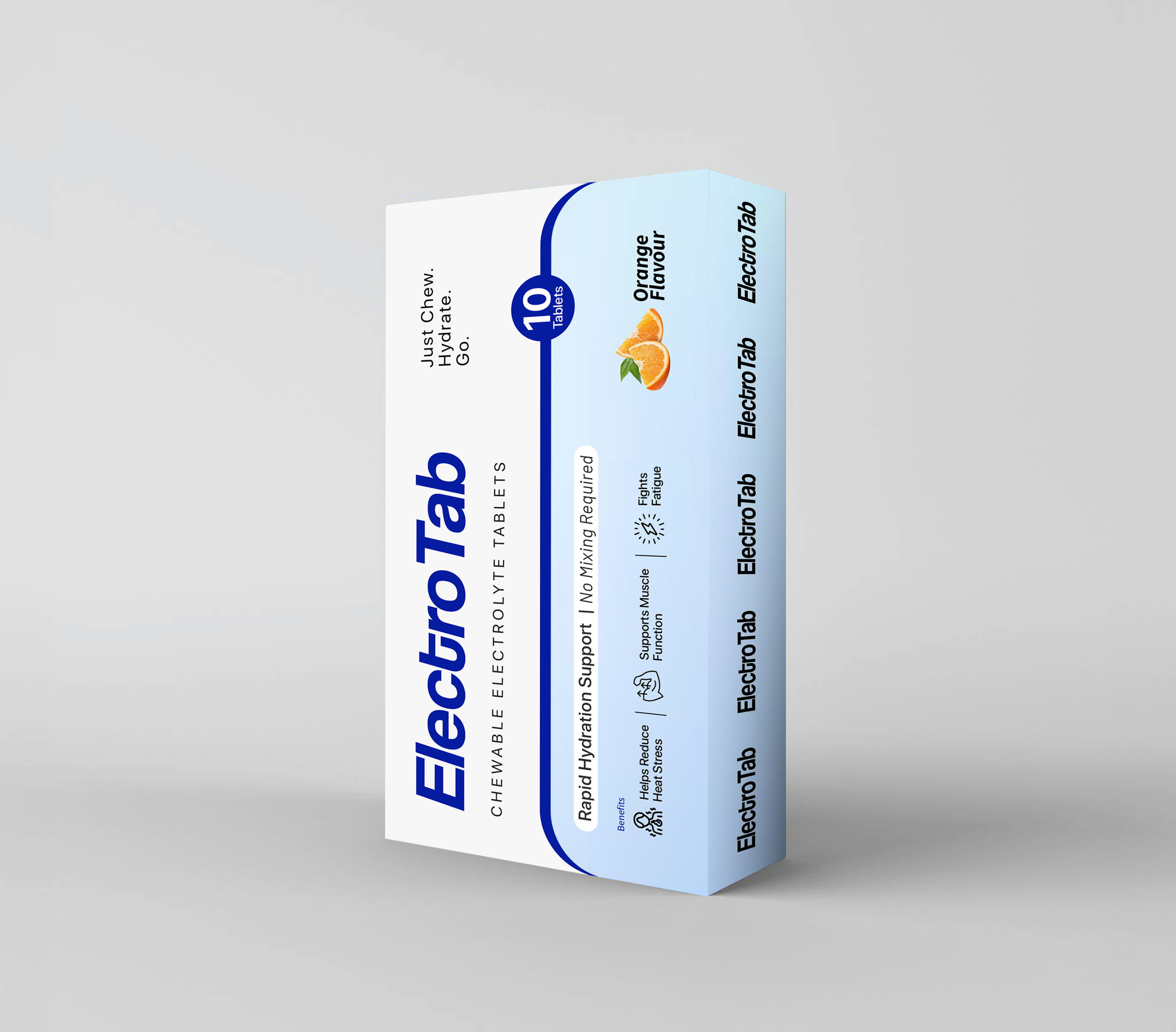 ElectroTab carton of 10 orange-flavoured chewable electrolyte tablets standing upright