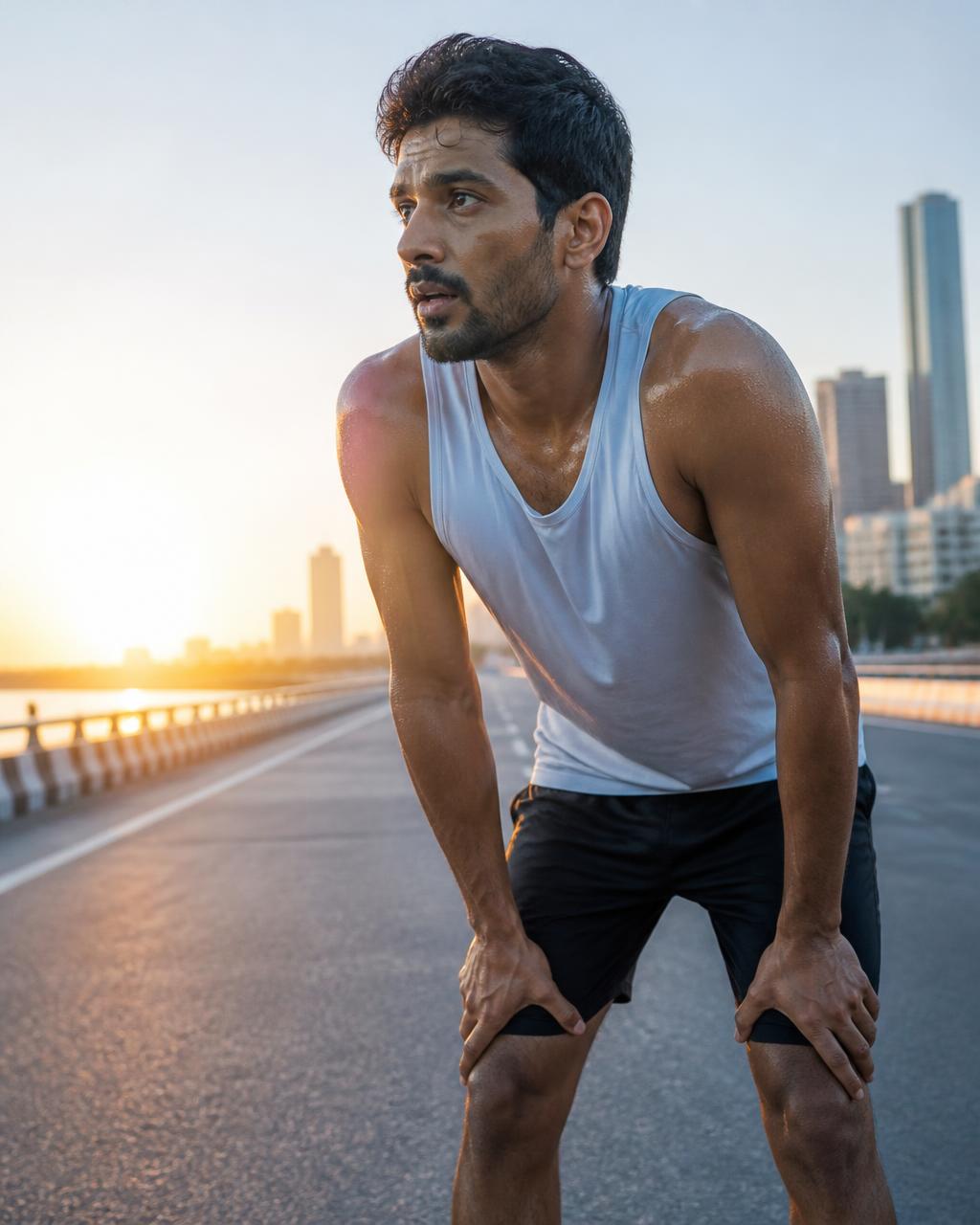 Runner pausing to catch his breath on a city road at sunrise