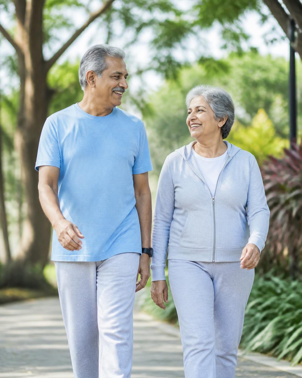 Senior couple walking together in a green city park in the morning
